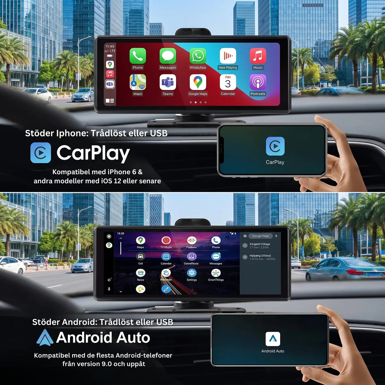 RumluxPlay - Smart bilskärm med Apple CarPlay/Android Auto för alla bilar (2026 modell)
