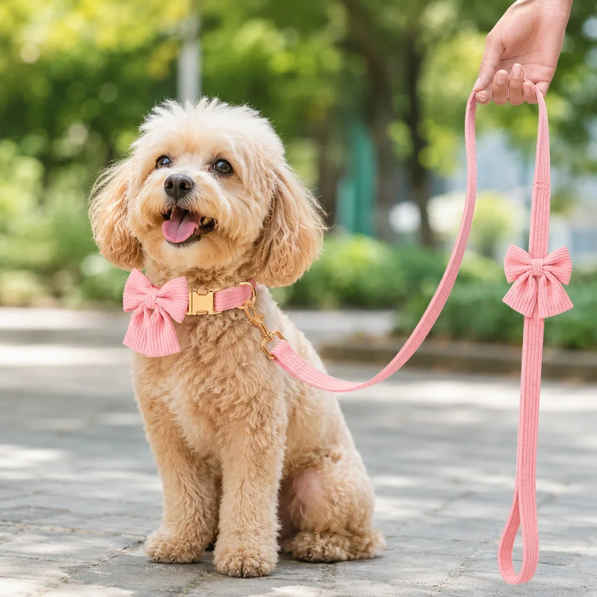 Rosa Hundhalsband & Koppel med Rosett – Justerbart Set för Små och Medelstora Hundar