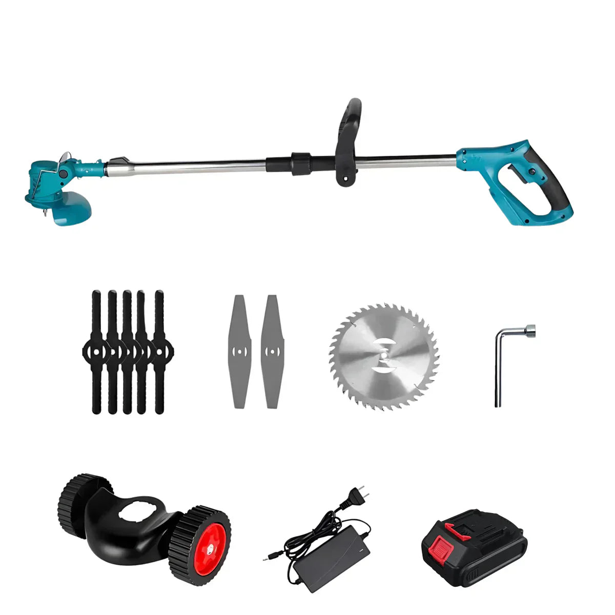 Trådlös & Hopfällbar Grästrimmer 36V – Justerbar Höjd, Hjul & 3 Bladtyper