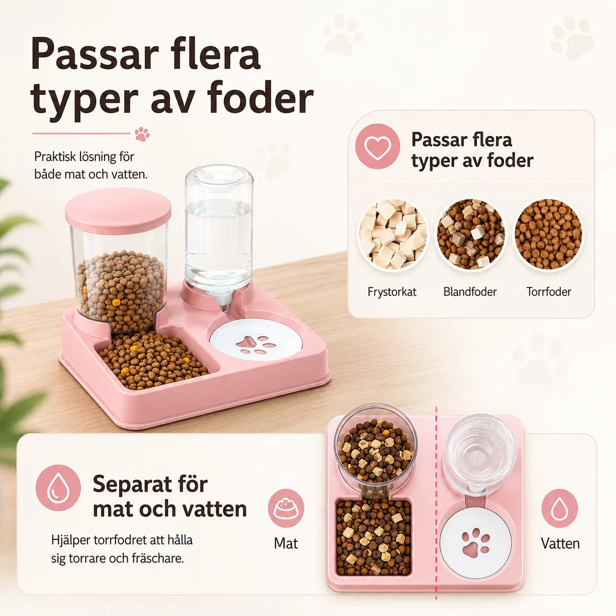 2-i-1 Foderautomat och Vattenautomat för Katt