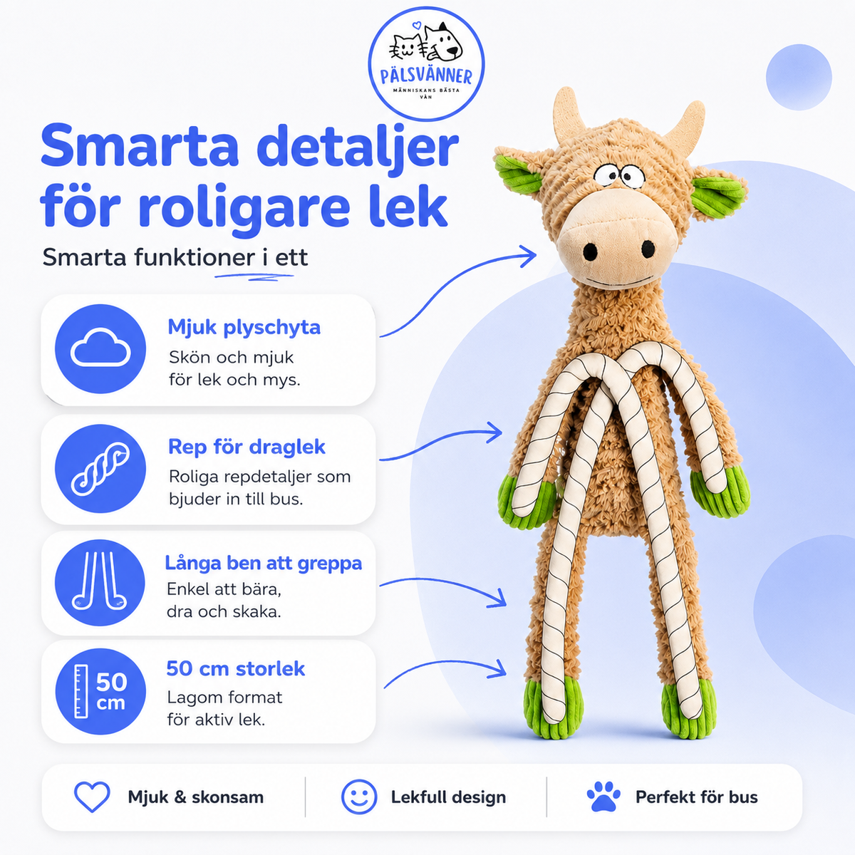 Ko i plysch med rep 50 cm – hundleksak med ljud