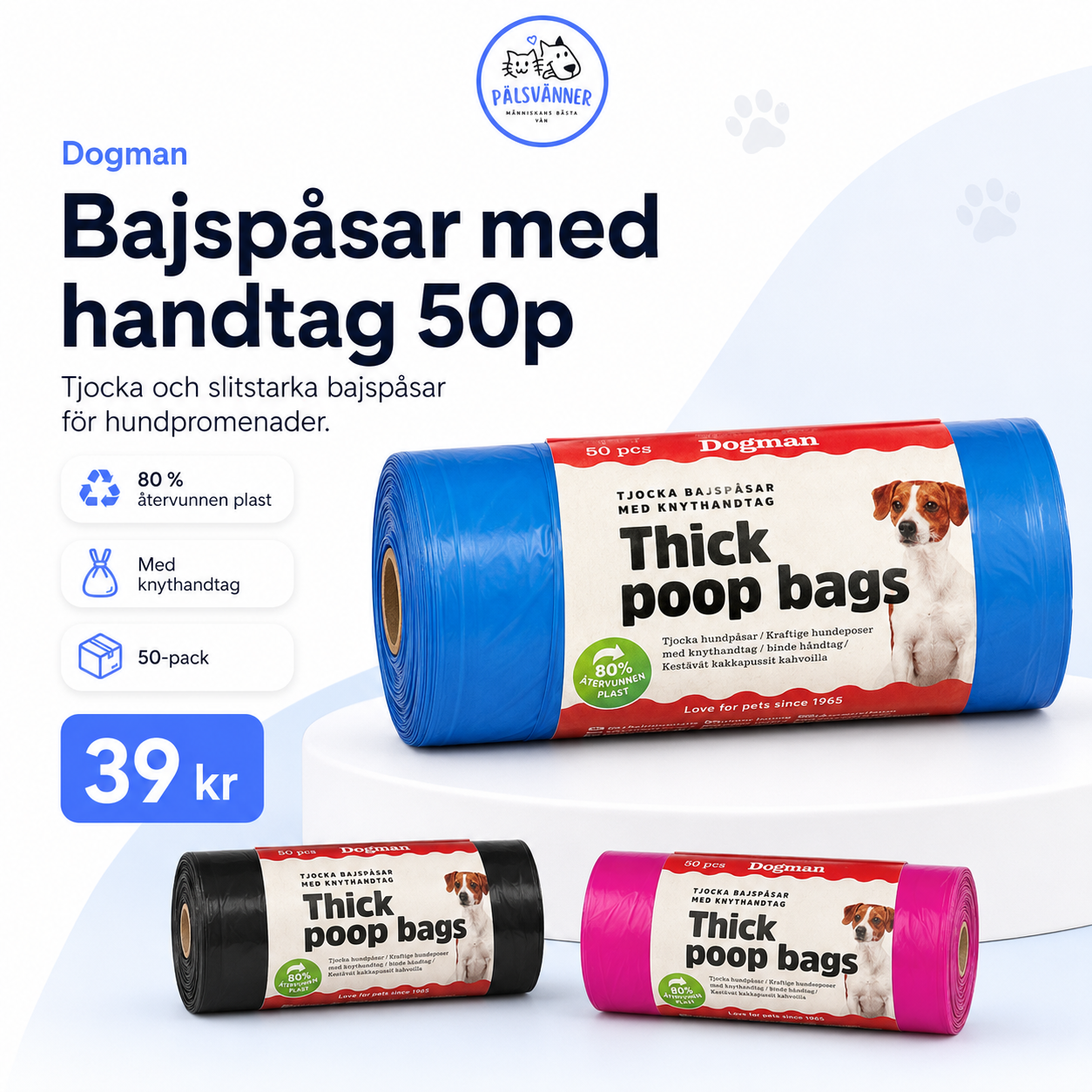 Dogman bajspåsar med handtag 50-pack för hund