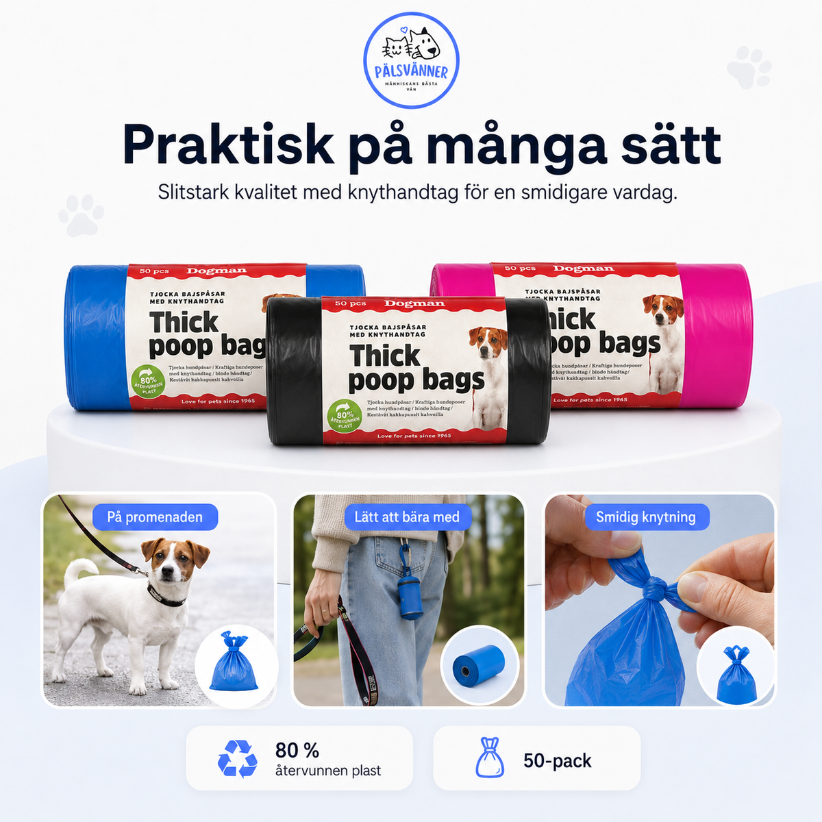 Dogman bajspåsar med handtag 50-pack för hund