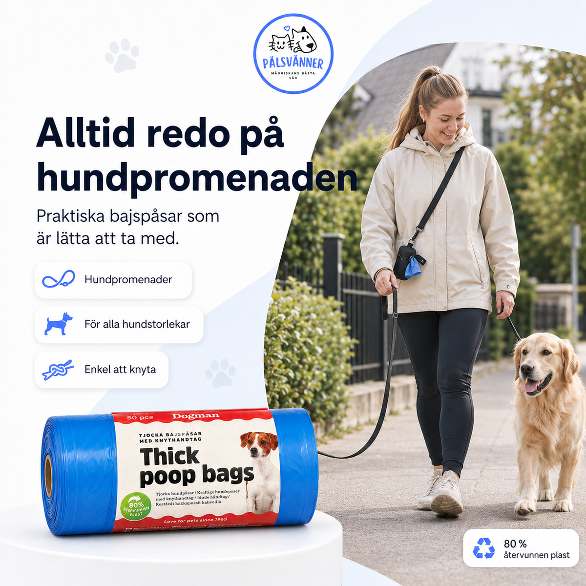 Dogman bajspåsar med handtag 50-pack för hund
