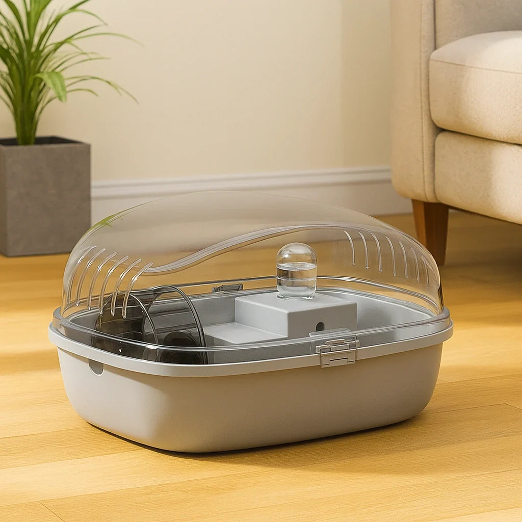 Transparent hamsterbur med löphjul och tillbehör