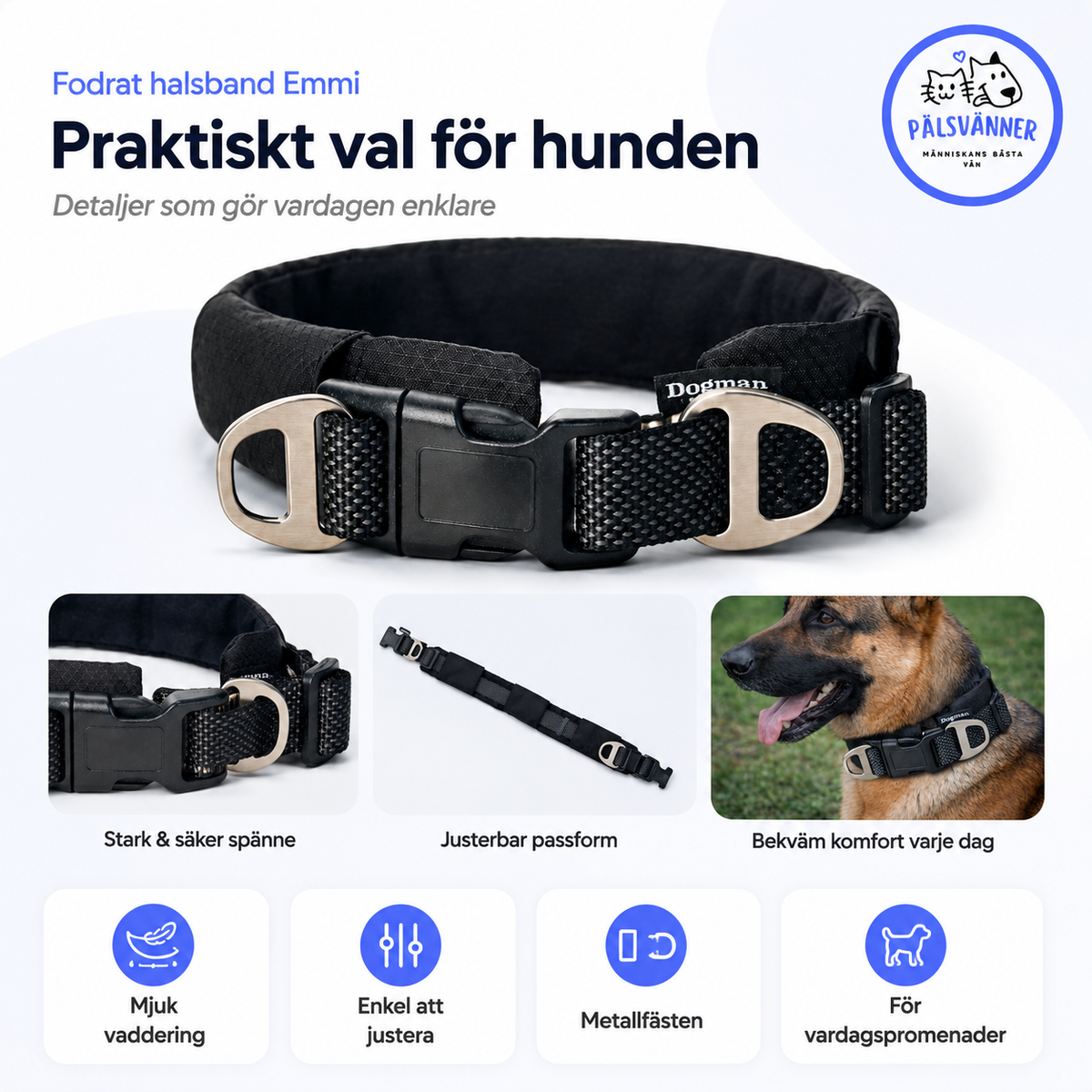 Fodrat halsband Emmi justerbart hundhalsband