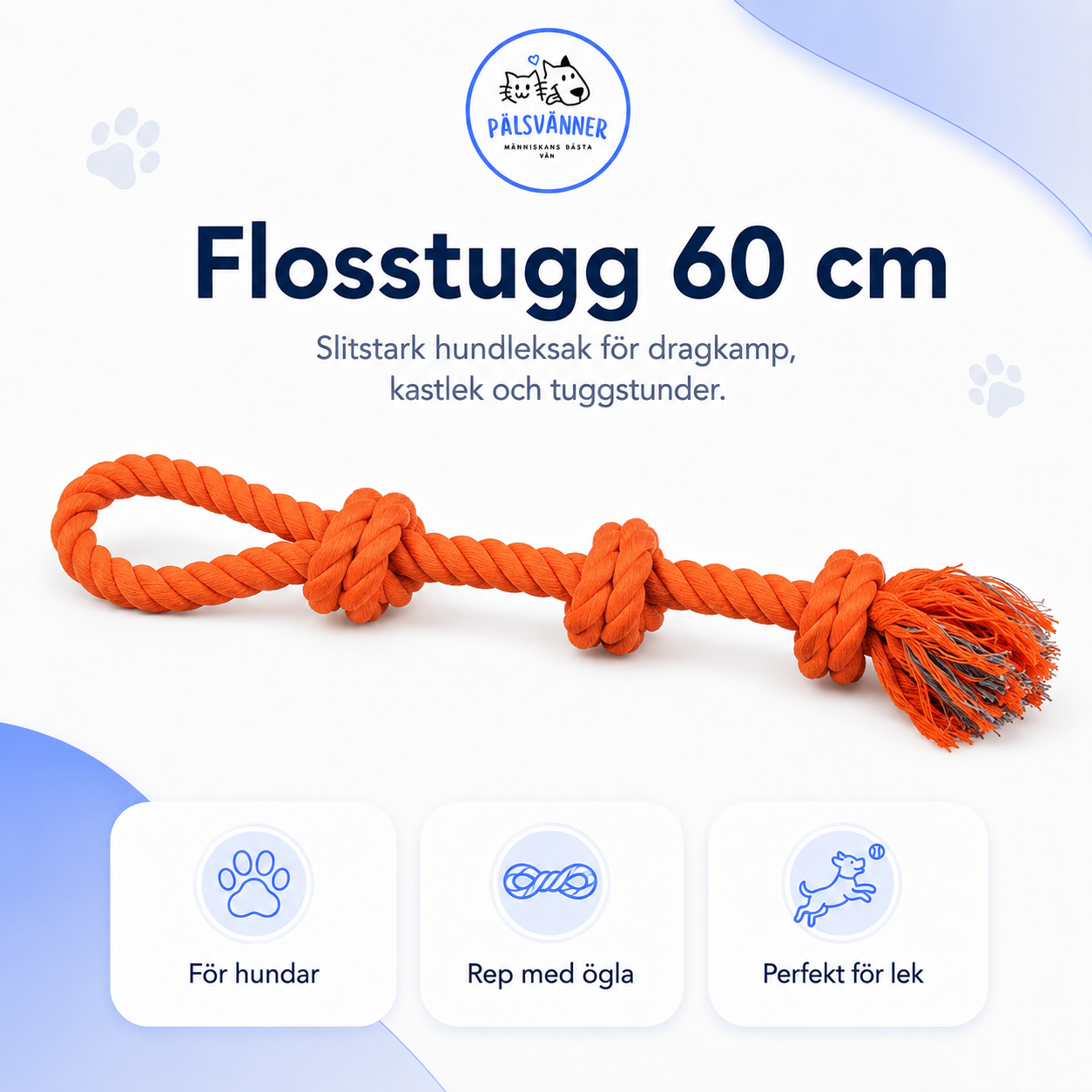 Flosstugg 60 cm – slitstark repleksak för hund