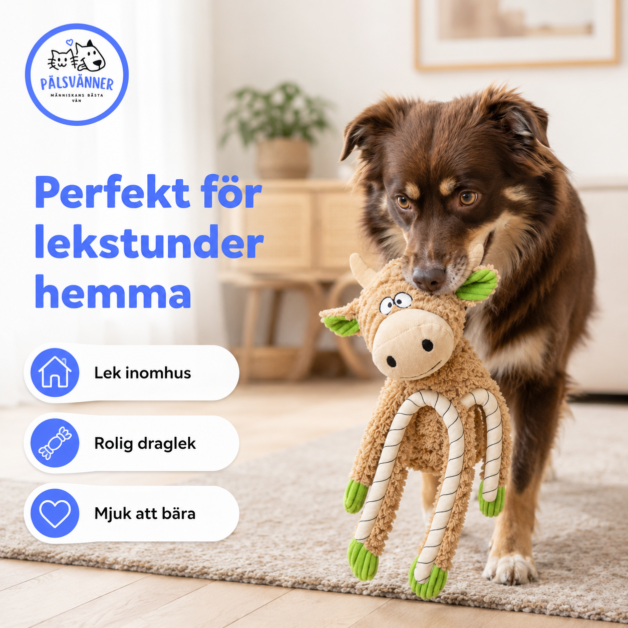 Ko i plysch med rep 50 cm – hundleksak med ljud
