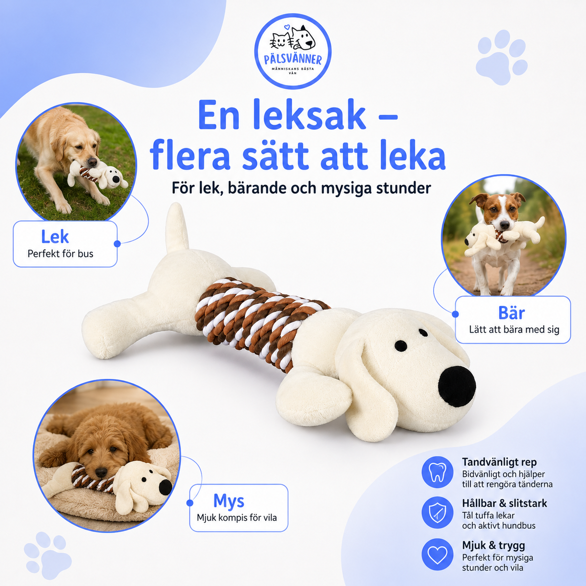Trixie hundleksak med rep och ljud – 32 cm