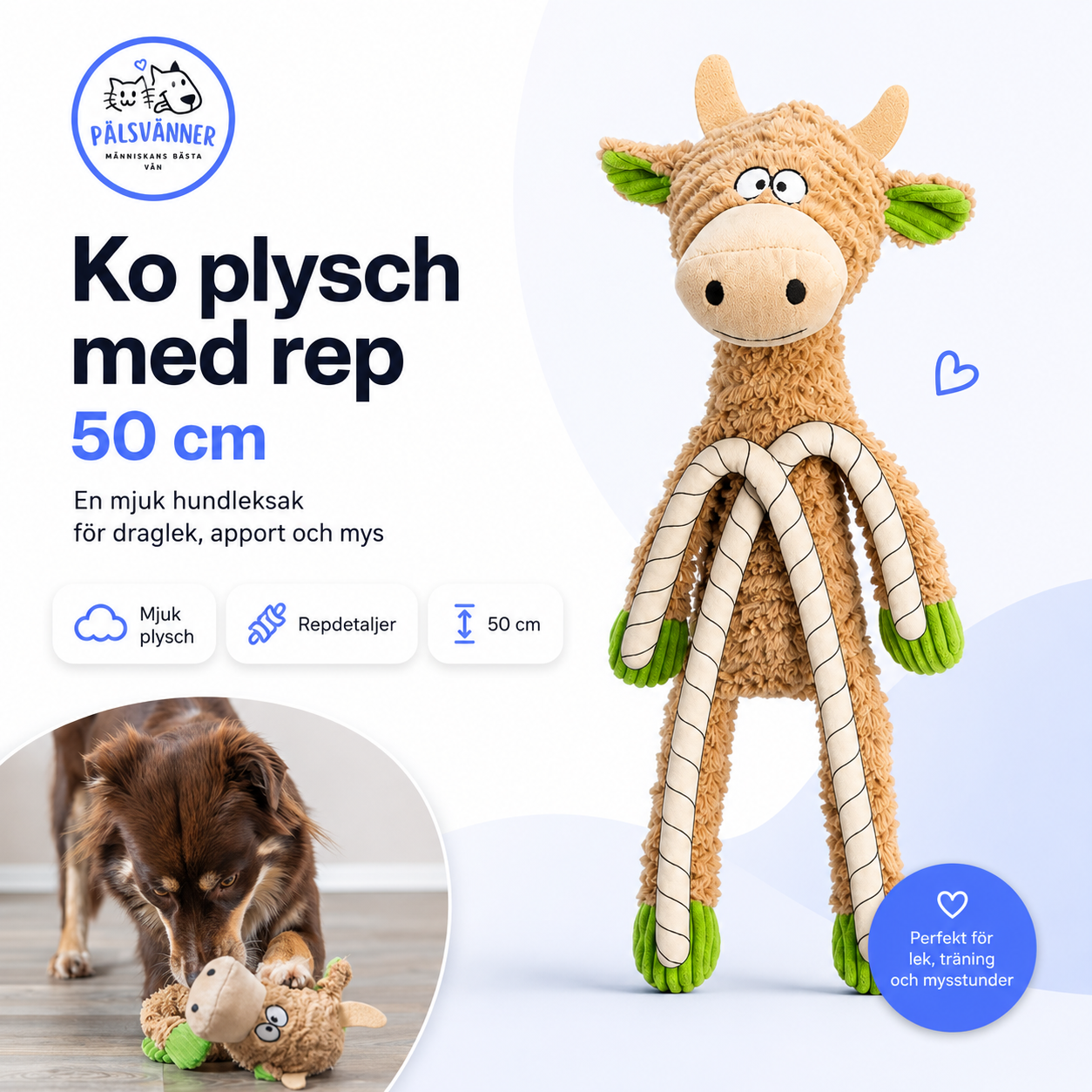 Ko i plysch med rep 50 cm – hundleksak med ljud