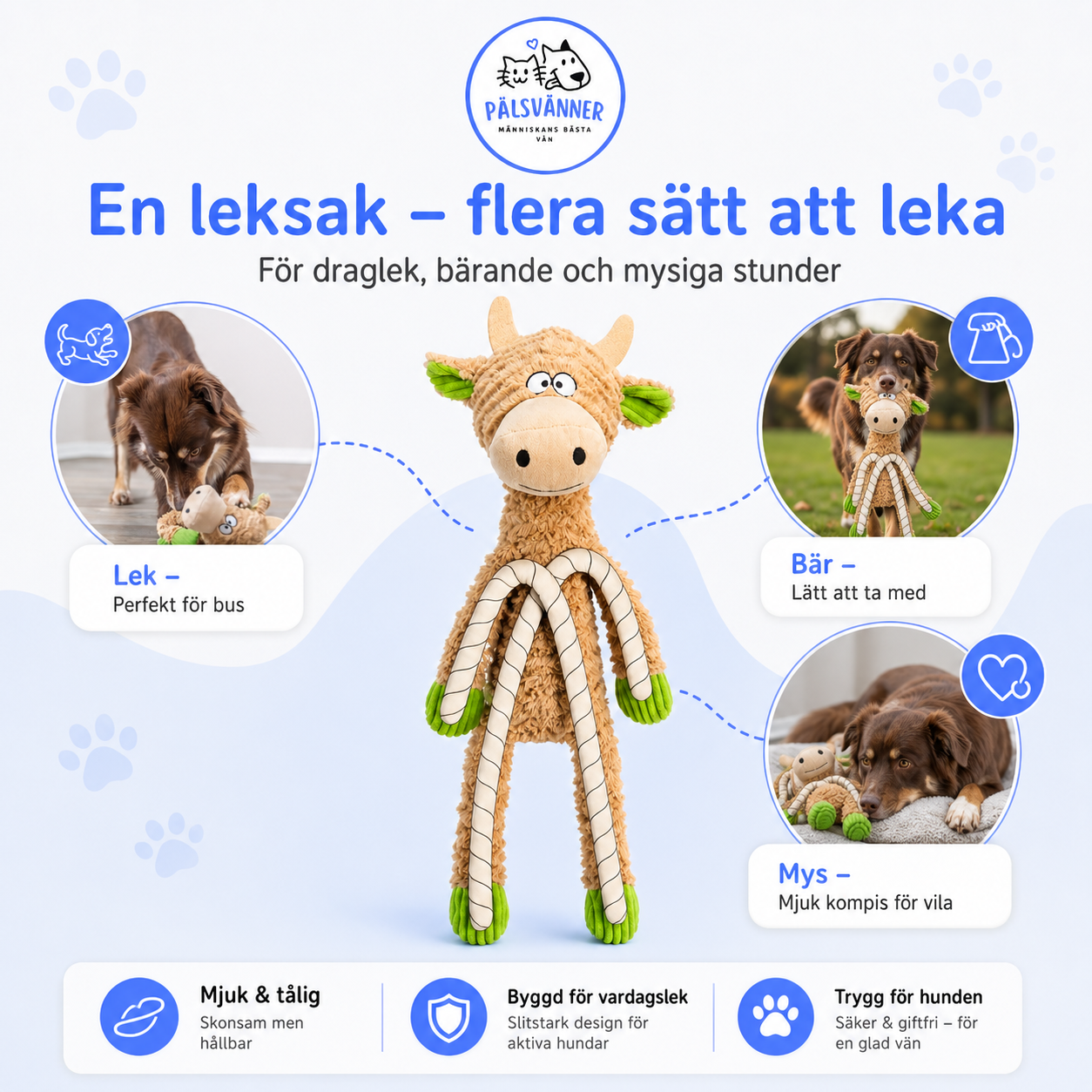 Ko i plysch med rep 50 cm – hundleksak med ljud
