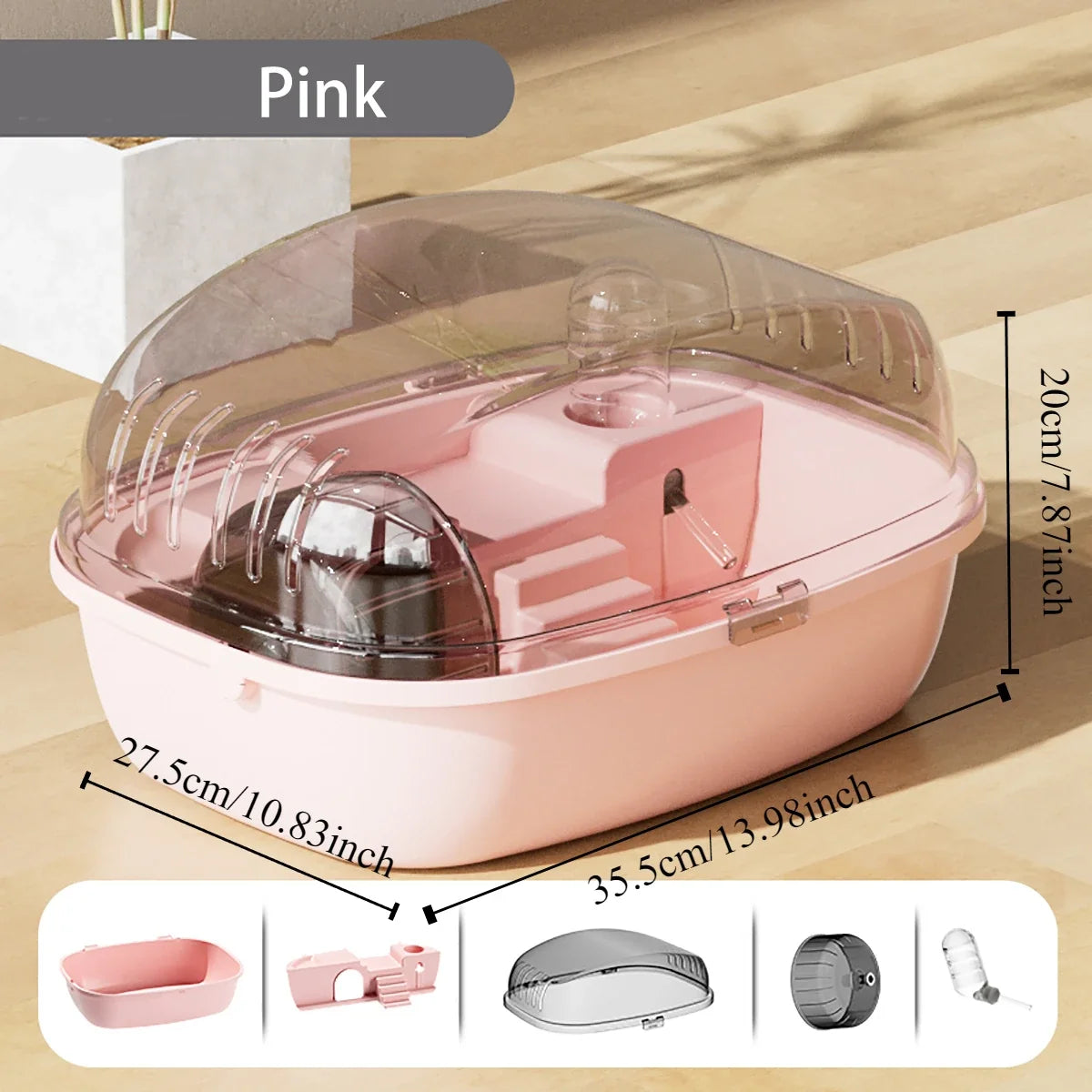 Transparent hamsterbur med löphjul och tillbehör