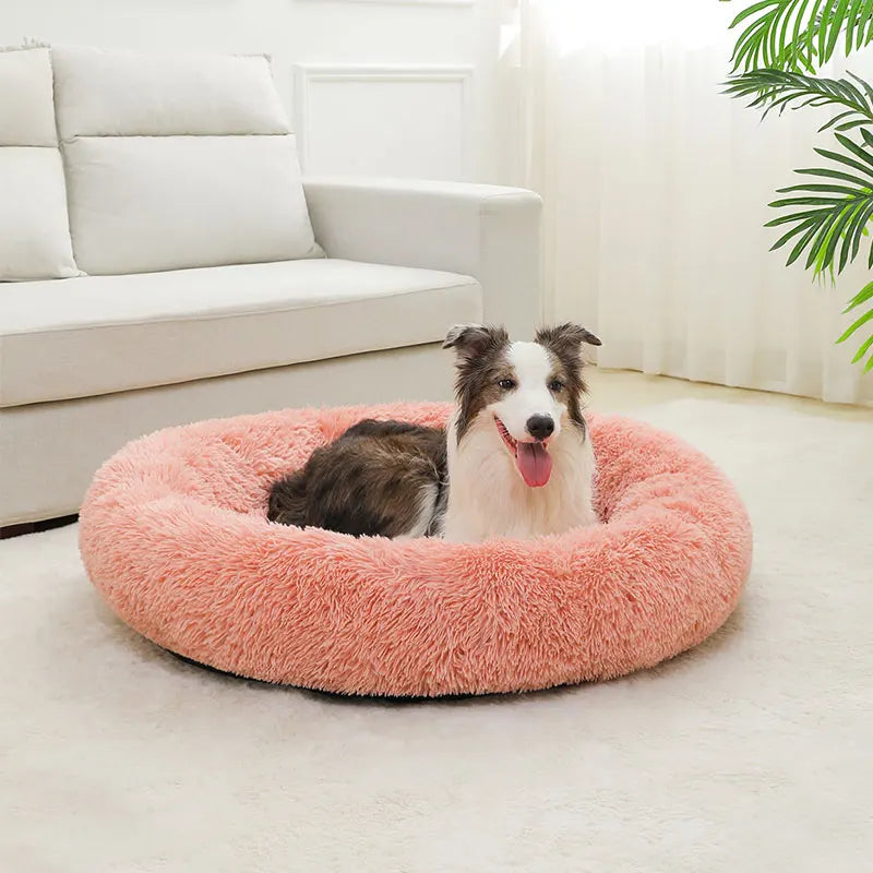 Fluffig Rund Hundbädd i Plysch – Mjuk Donutbädd för Hund