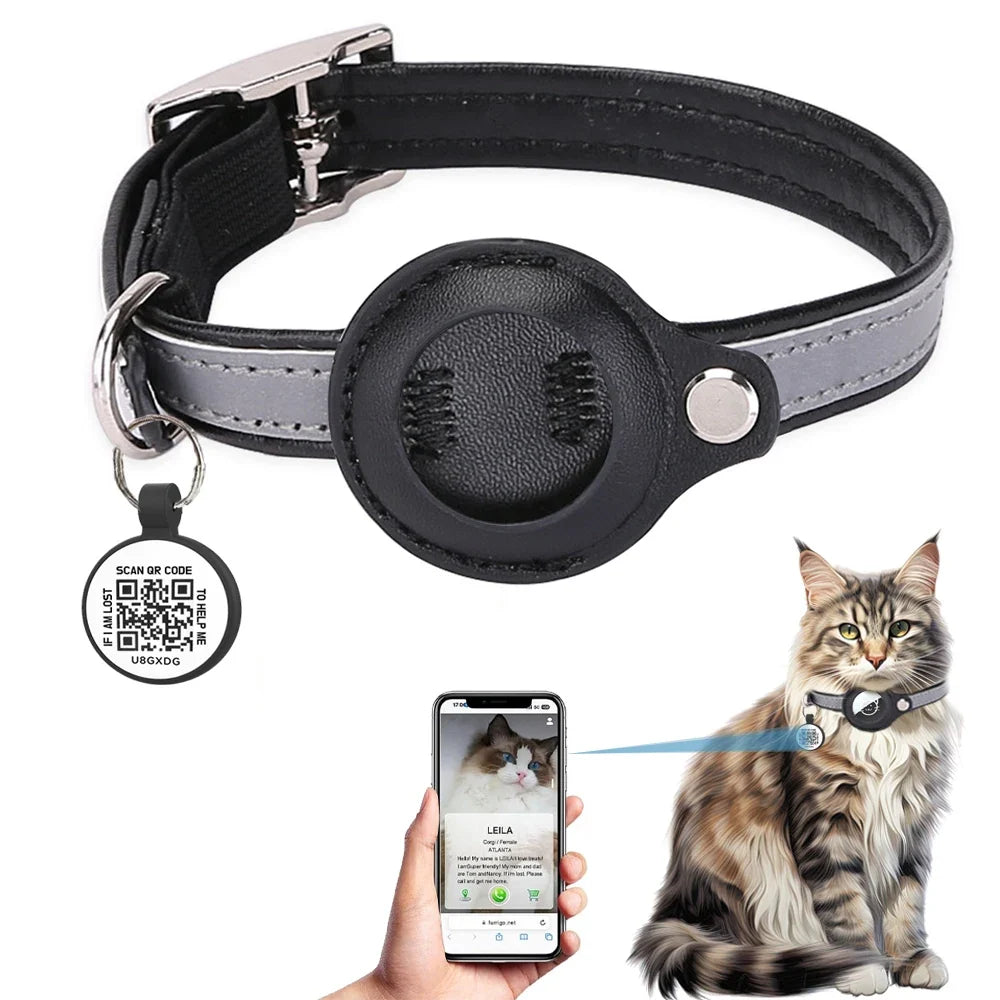 Katthalsband med AirTag-hållare, QR-bricka och reflexdetaljer