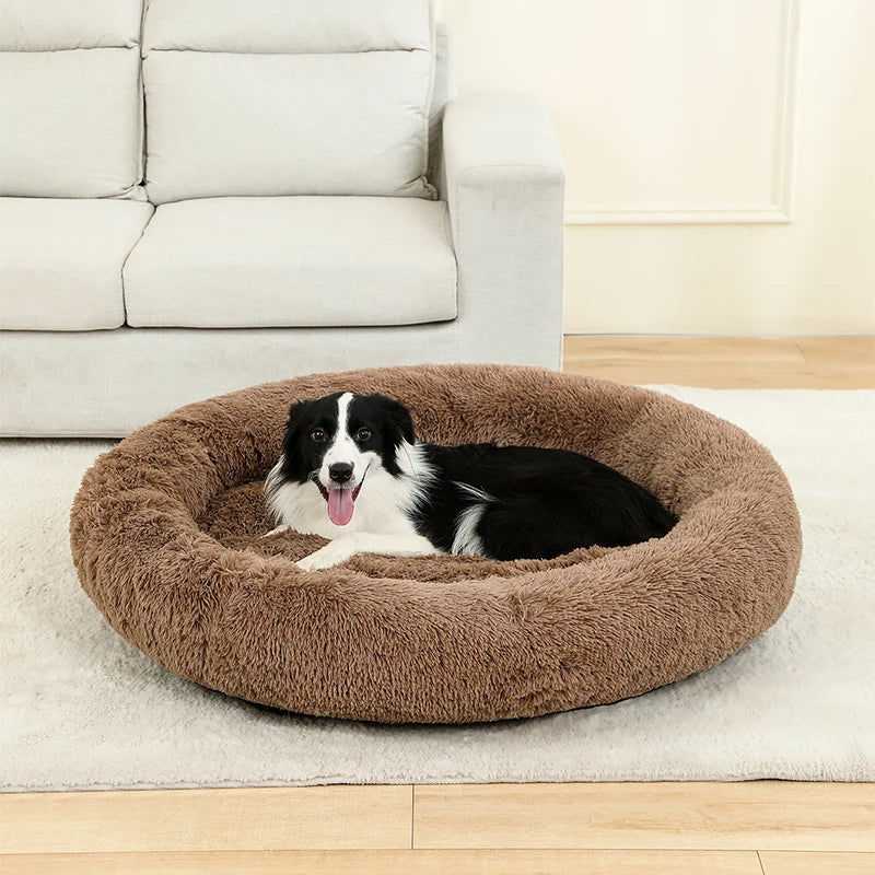 Fluffig Rund Hundbädd i Plysch – Mjuk Donutbädd för Hund