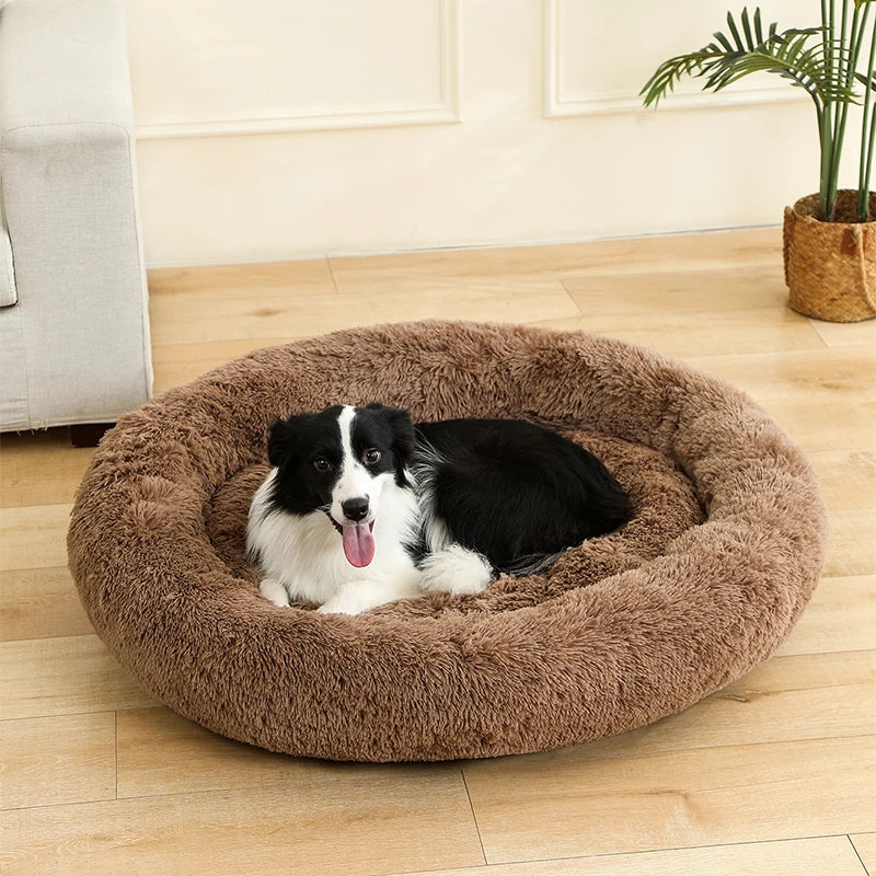 Fluffig Rund Hundbädd i Plysch – Mjuk Donutbädd för Hund