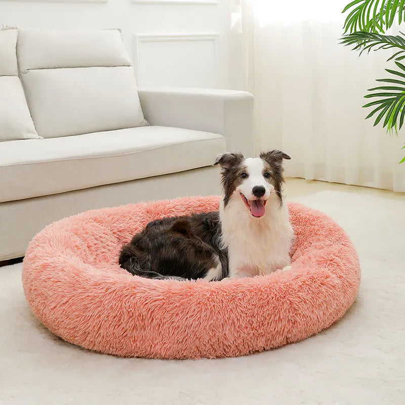 Fluffig Rund Hundbädd i Plysch – Mjuk Donutbädd för Hund