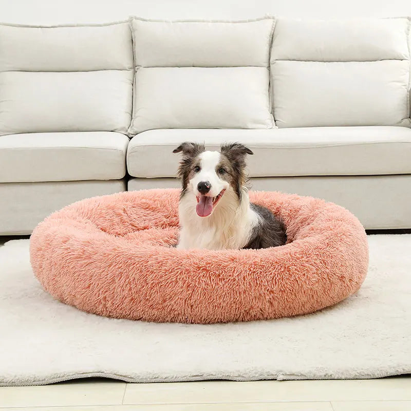 Fluffig Rund Hundbädd i Plysch – Mjuk Donutbädd för Hund