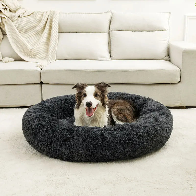 Fluffig Rund Hundbädd i Plysch – Mjuk Donutbädd för Hund