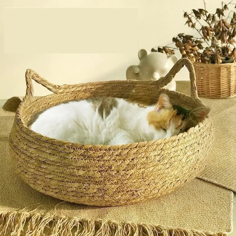 Flätad kattbädd med mjuk dyna