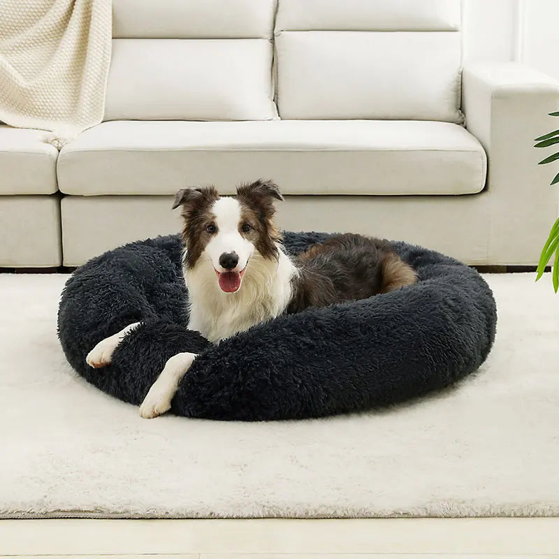 Fluffig Rund Hundbädd i Plysch – Mjuk Donutbädd för Hund
