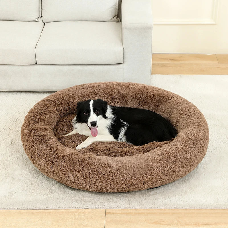 Fluffig Rund Hundbädd i Plysch – Mjuk Donutbädd för Hund