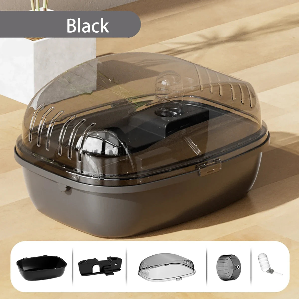 Transparent hamsterbur med löphjul och tillbehör