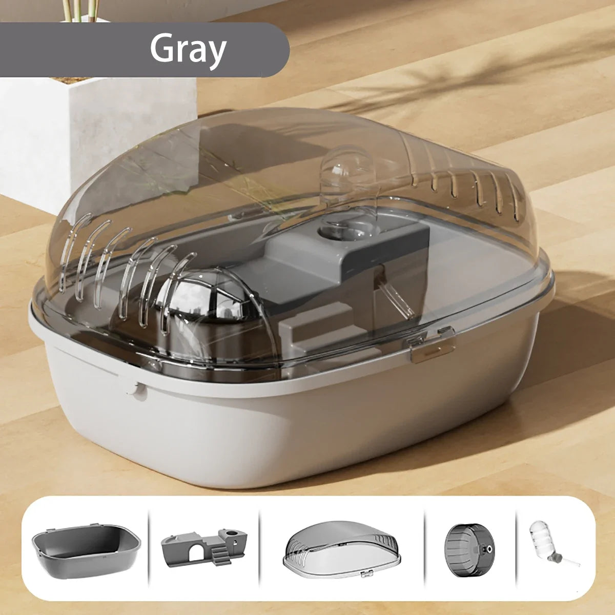 Transparent hamsterbur med löphjul och tillbehör