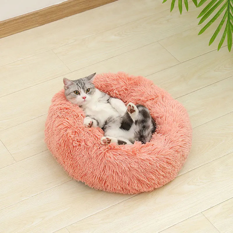 Fluffig Rund Kattbädd i Plysch – Donutbädd för Katt