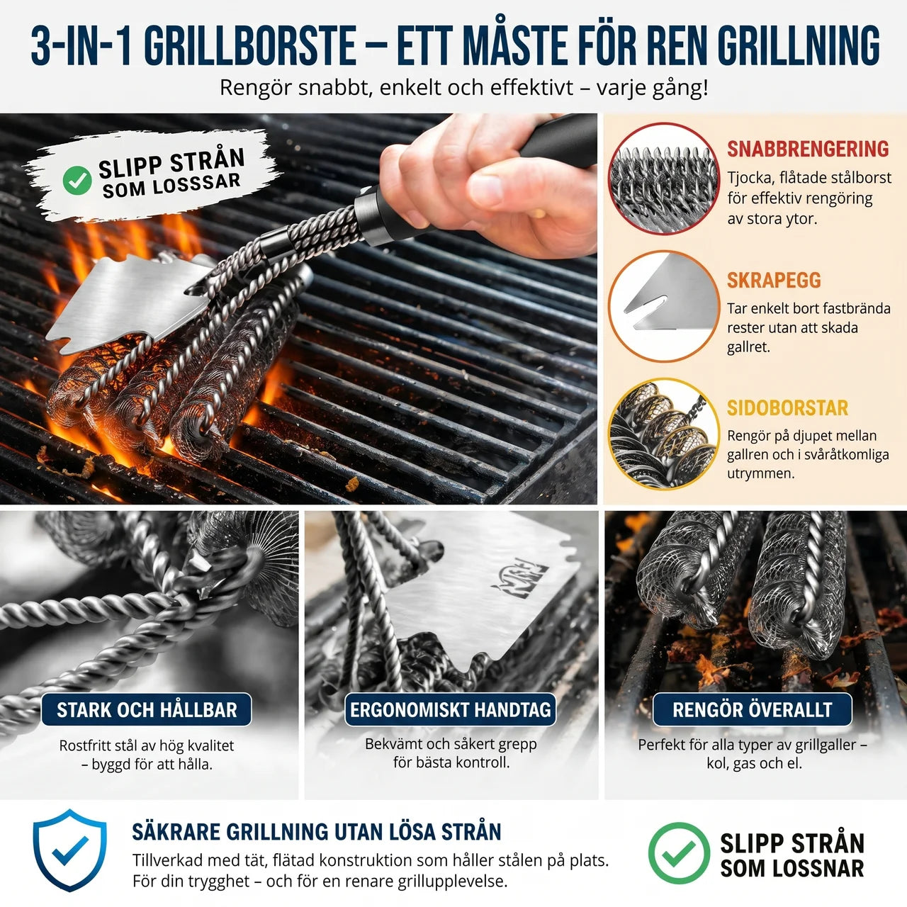 Stråfri grillborste i rostfritt stål för säker rengöring